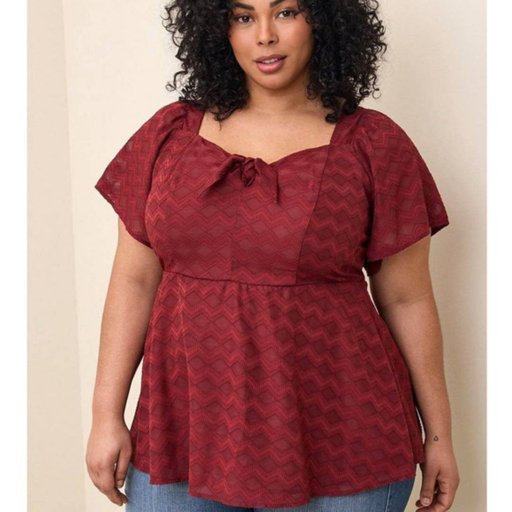 Torrid 5 (5X) Sexy Burgundy Wine Babydoll Chiffon Fit & Flare Blouse Shirt Top